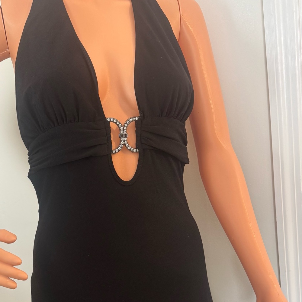 Black Strapless Halter Dress with Rhinestone Accent